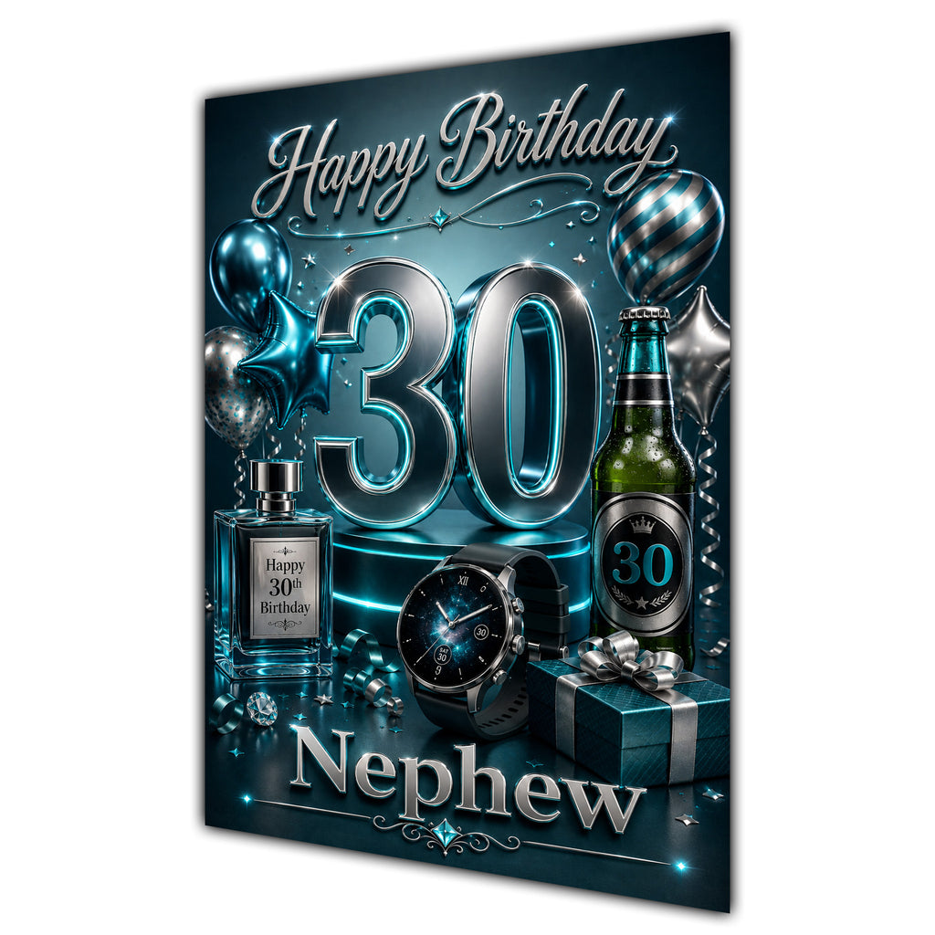 Happy Birthday Nephew 30th Aqua Silver Luxury Greeting Card A5