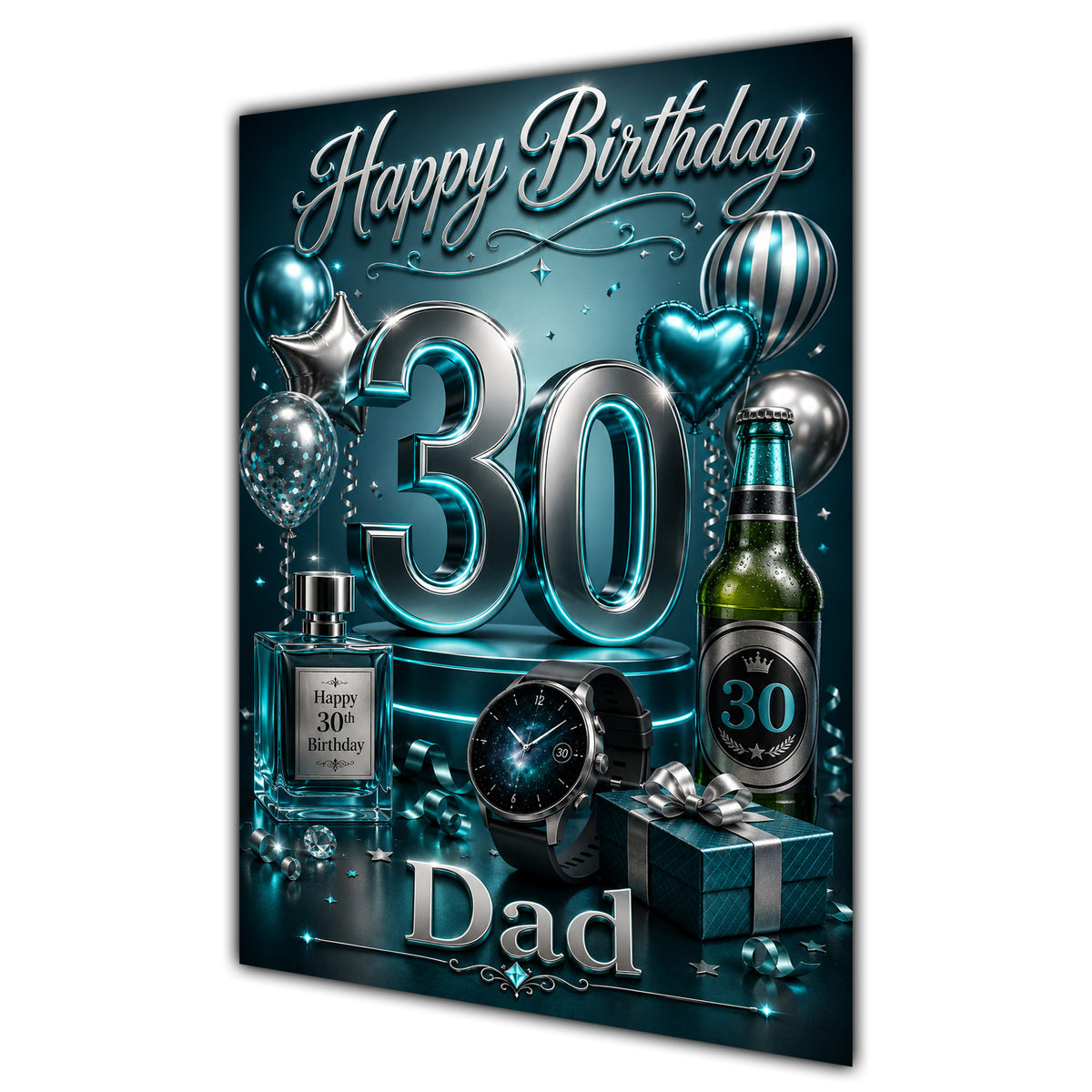 Happy Birthday Dad 30th Aqua Silver Luxury Greeting Card A5