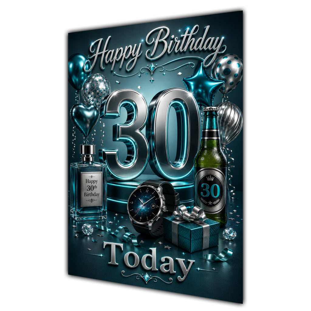 Happy Birthday 30th Aqua Silver Luxury Greeting Card A5