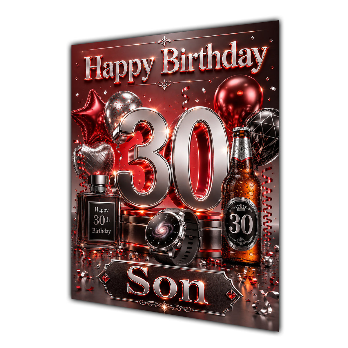 Happy Birthday Son 30th Red Silver Luxury Greeting Card A5