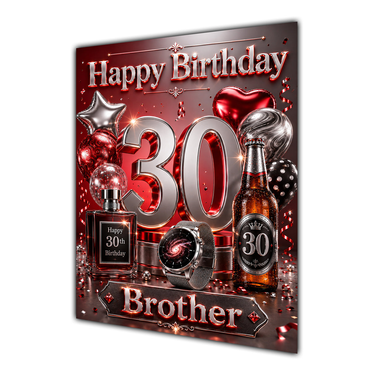 Happy Birthday Brother 30th Red Silver Luxury Greeting Card A5