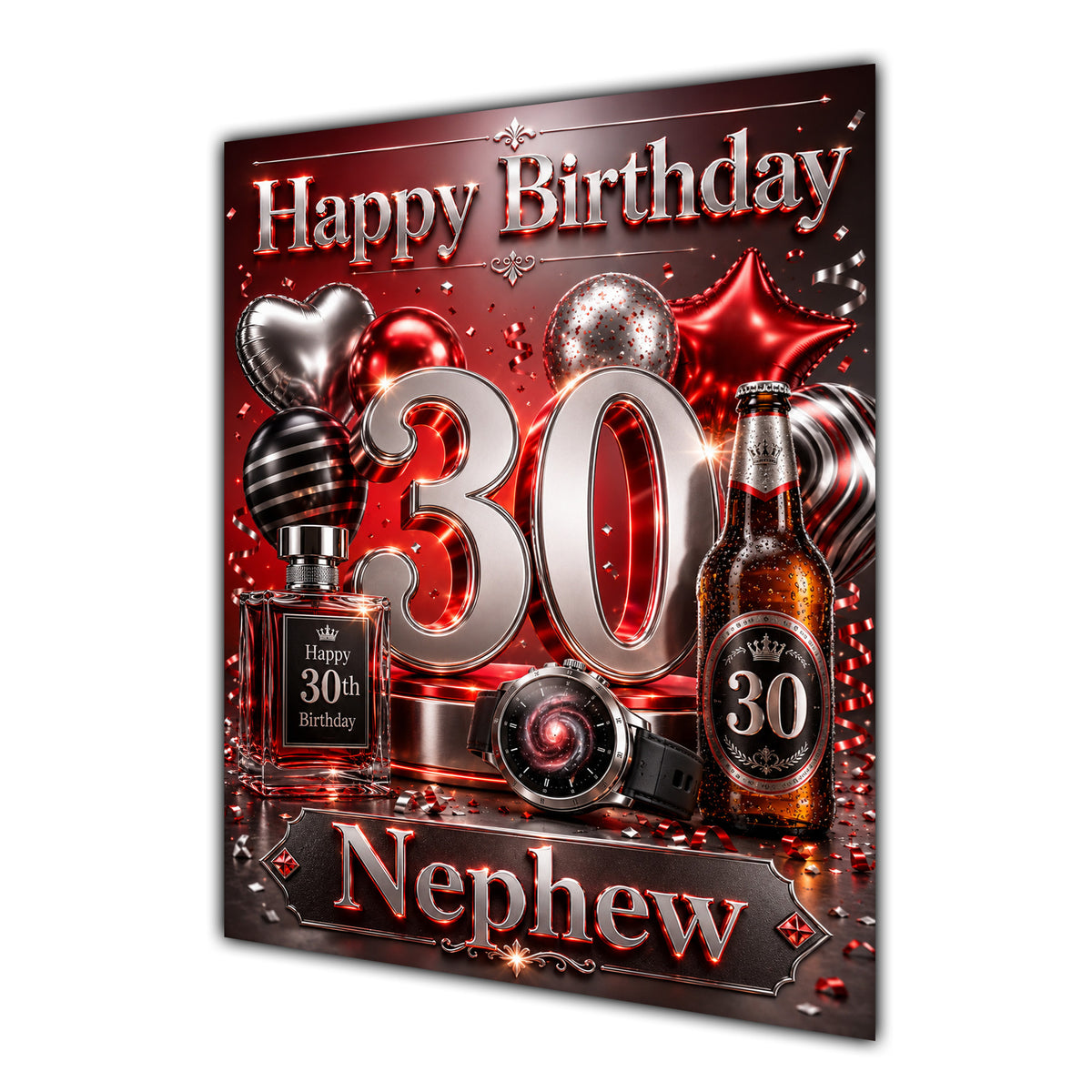 Happy Birthday Nephew 30th Red Silver Luxury Greeting Card A5