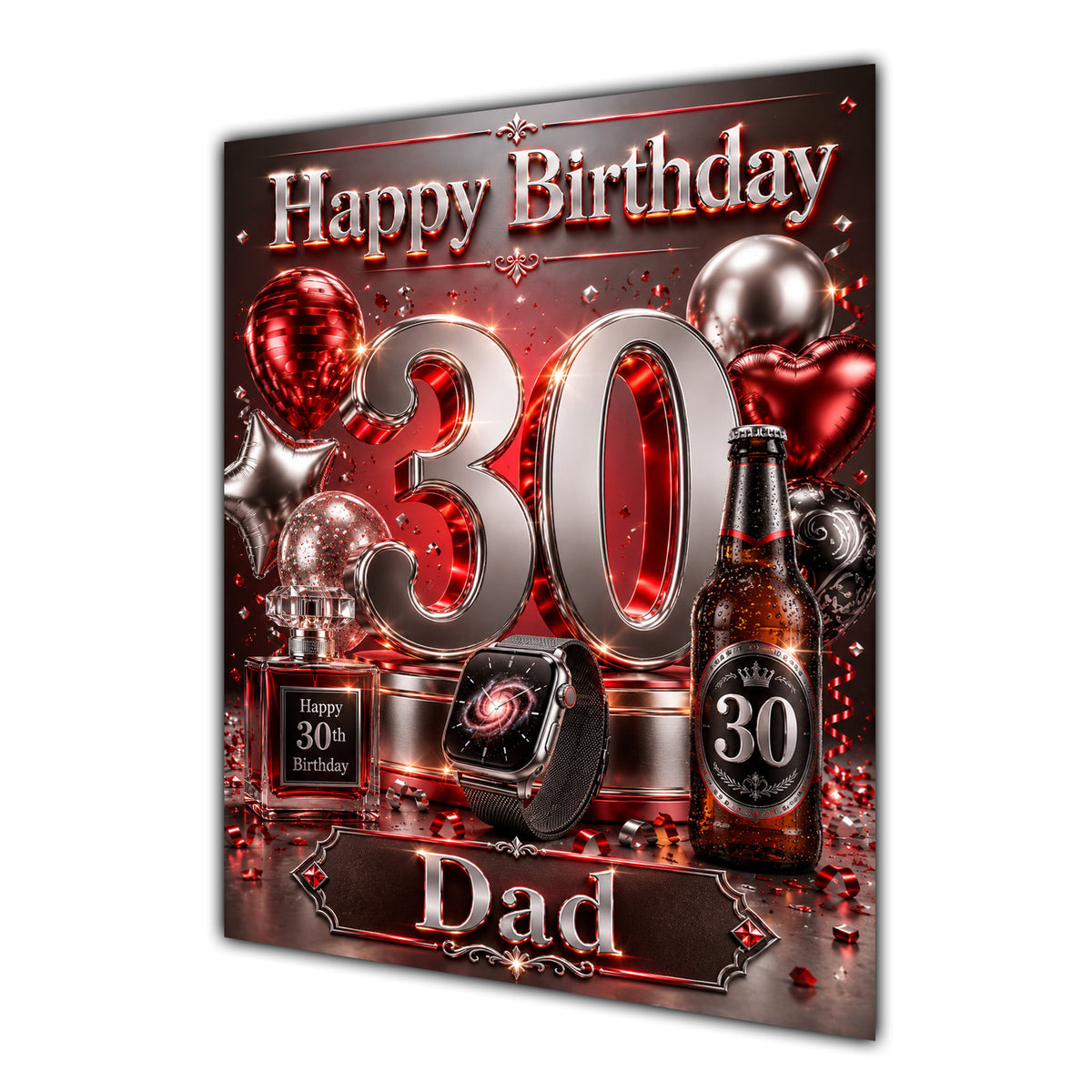 Happy Birthday Dad 30th Red Silver Luxury Greeting Card A5