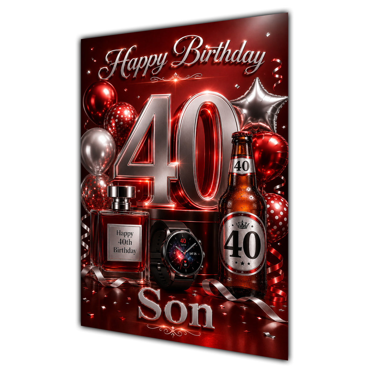 Happy Birthday Son 40th Red Silver Luxury Greeting Card A5