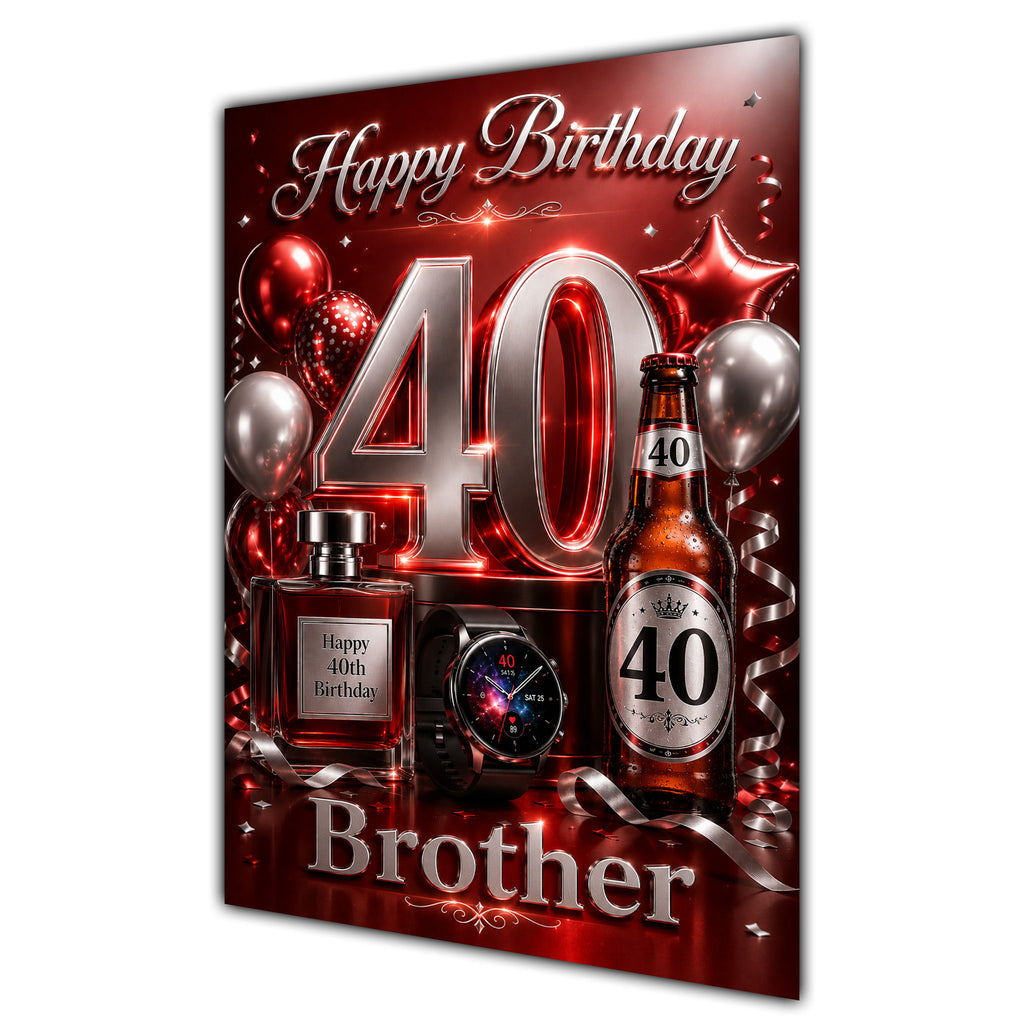 Happy Birthday Brother 40th Red Silver Luxury Greeting Card A5