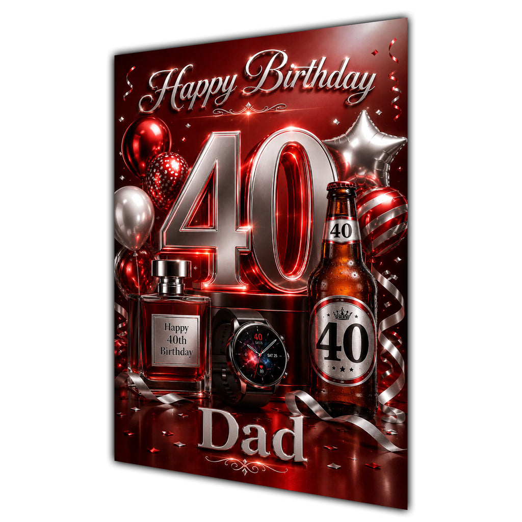 Happy Birthday Dad 40th Red Silver Luxury Greeting Card A5