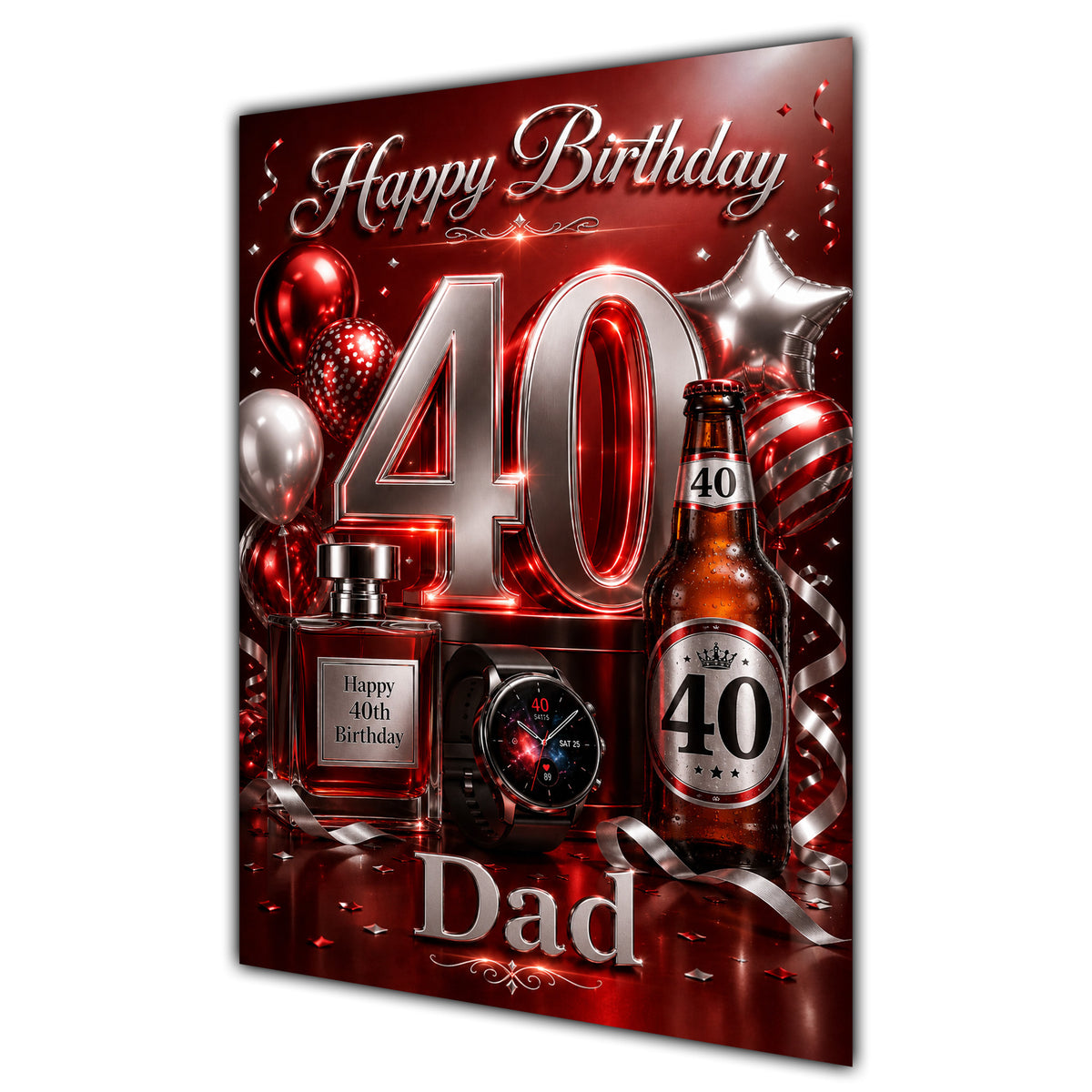 Happy Birthday Dad 40th Red Silver Luxury Greeting Card A5