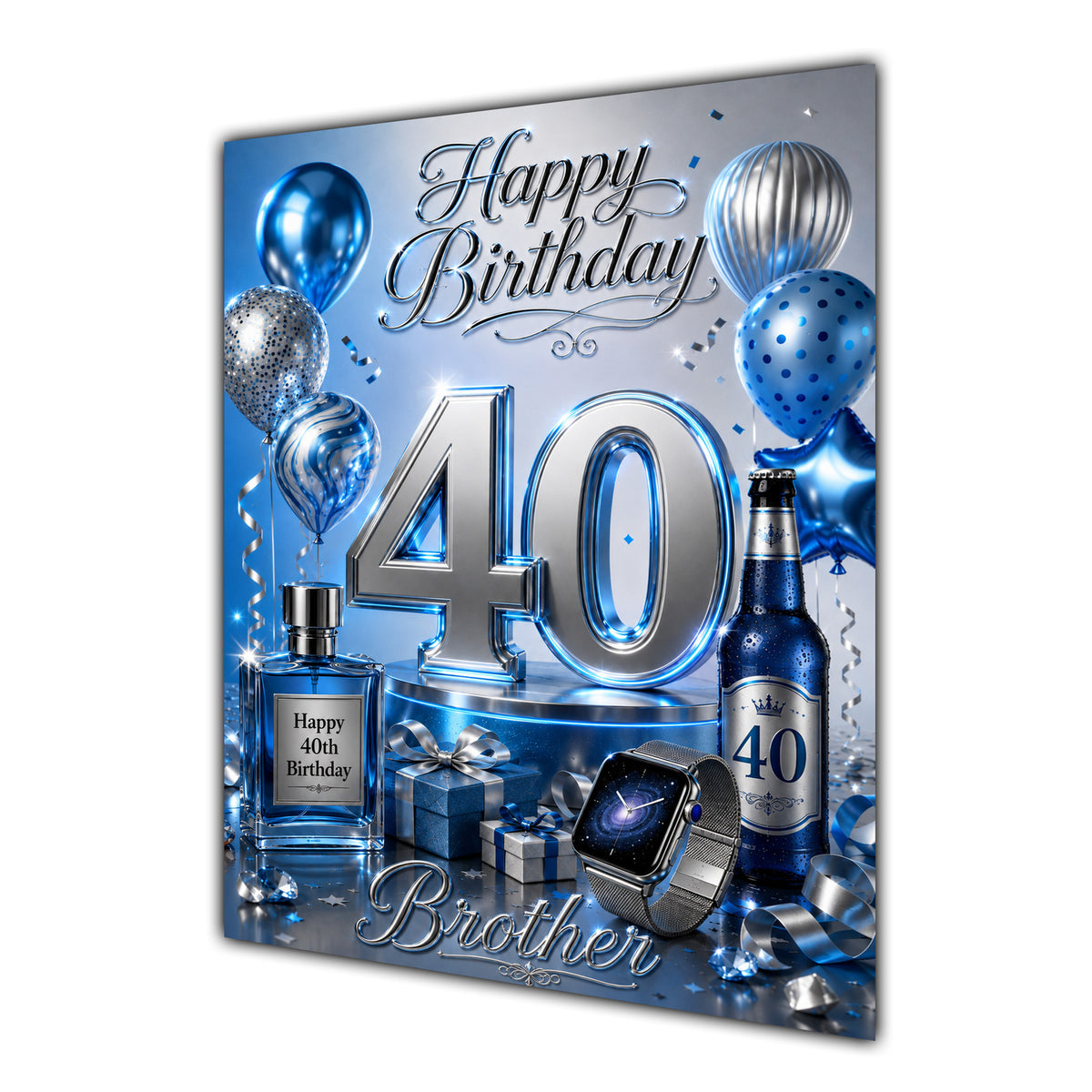 Happy Birthday Brother 40th Blue Silver Luxury Greeting Card A5