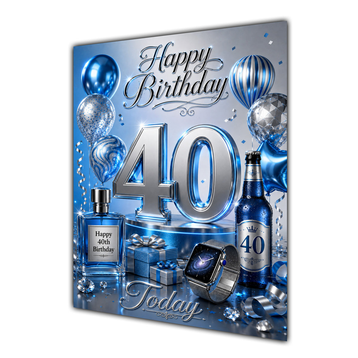 Happy Birthday 40th Blue Silver Luxury Greeting Card A5