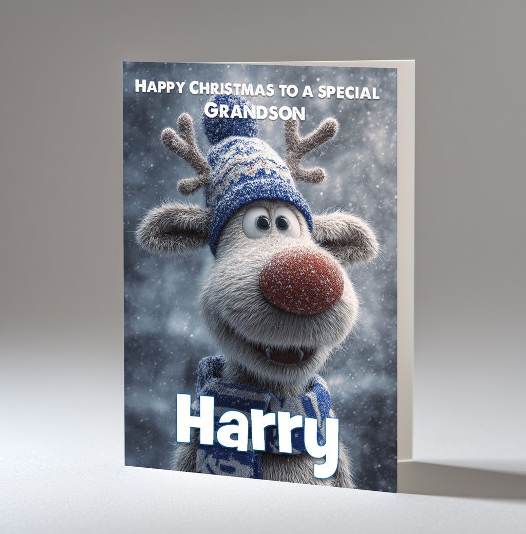 Personalised Christmas Card For Grandson, Son, Nephew, Brother, Friend, Rudolph The Red Nose Reindeer The Football Fan