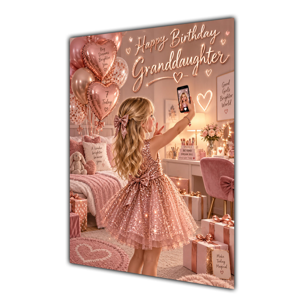 Granddaughter Birthday Card - Girl Taking a Selfie in Pink Party Dress