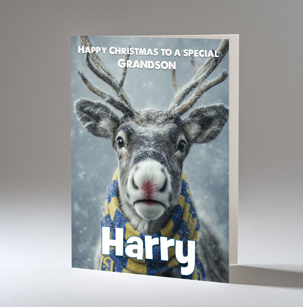 Personalised Christmas Card For Grandson, Son, Nephew, Brother, Friend, Rudolph The Red Nose Reindeer The Football Fan
