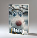 Personalised Christmas Card For Grandson, Son, Nephew, Brother, Friend, Rudolph The Red Nose Reindeer The Football Fan