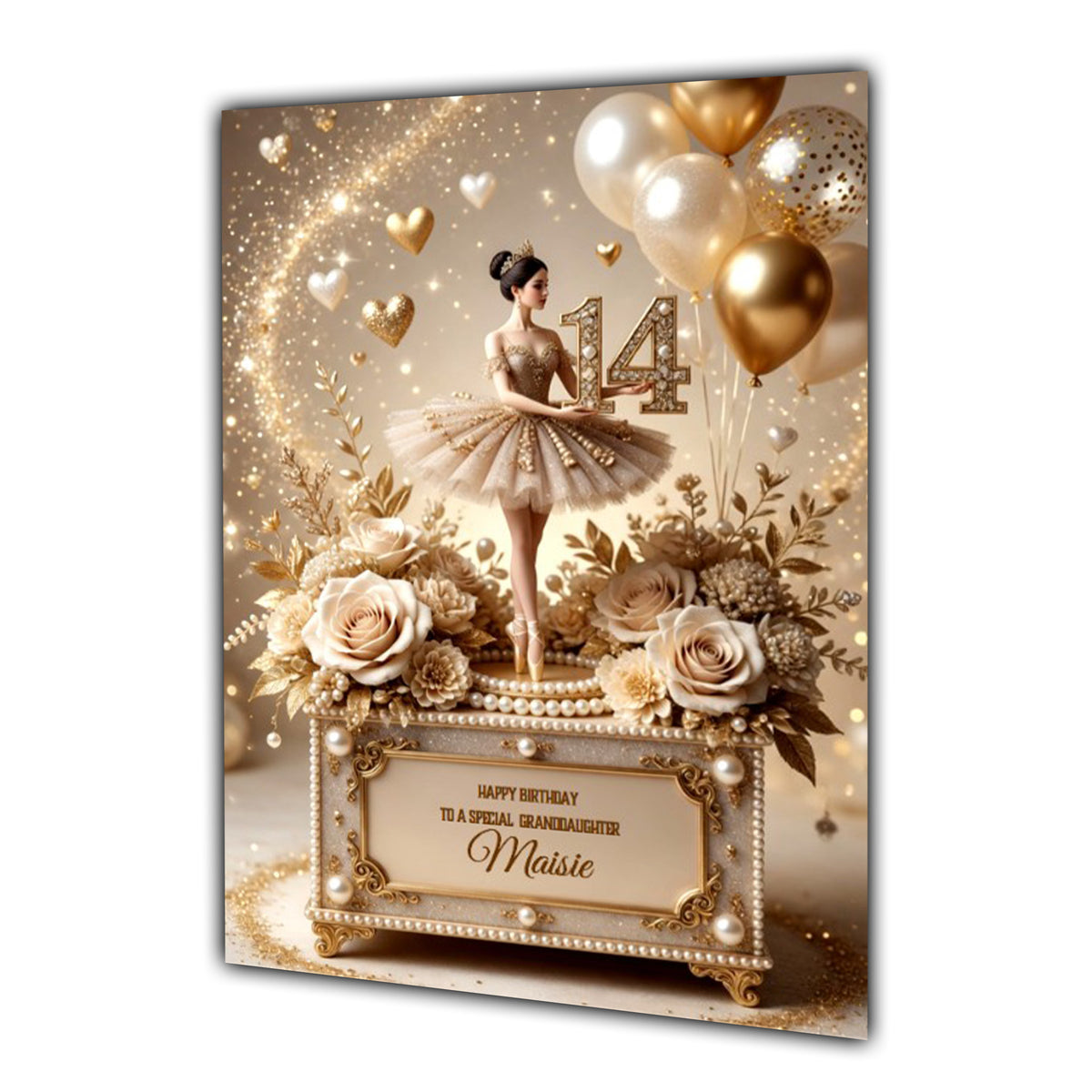 Personalised 14th Birthday Card - Gold Ballerina and Flowers
