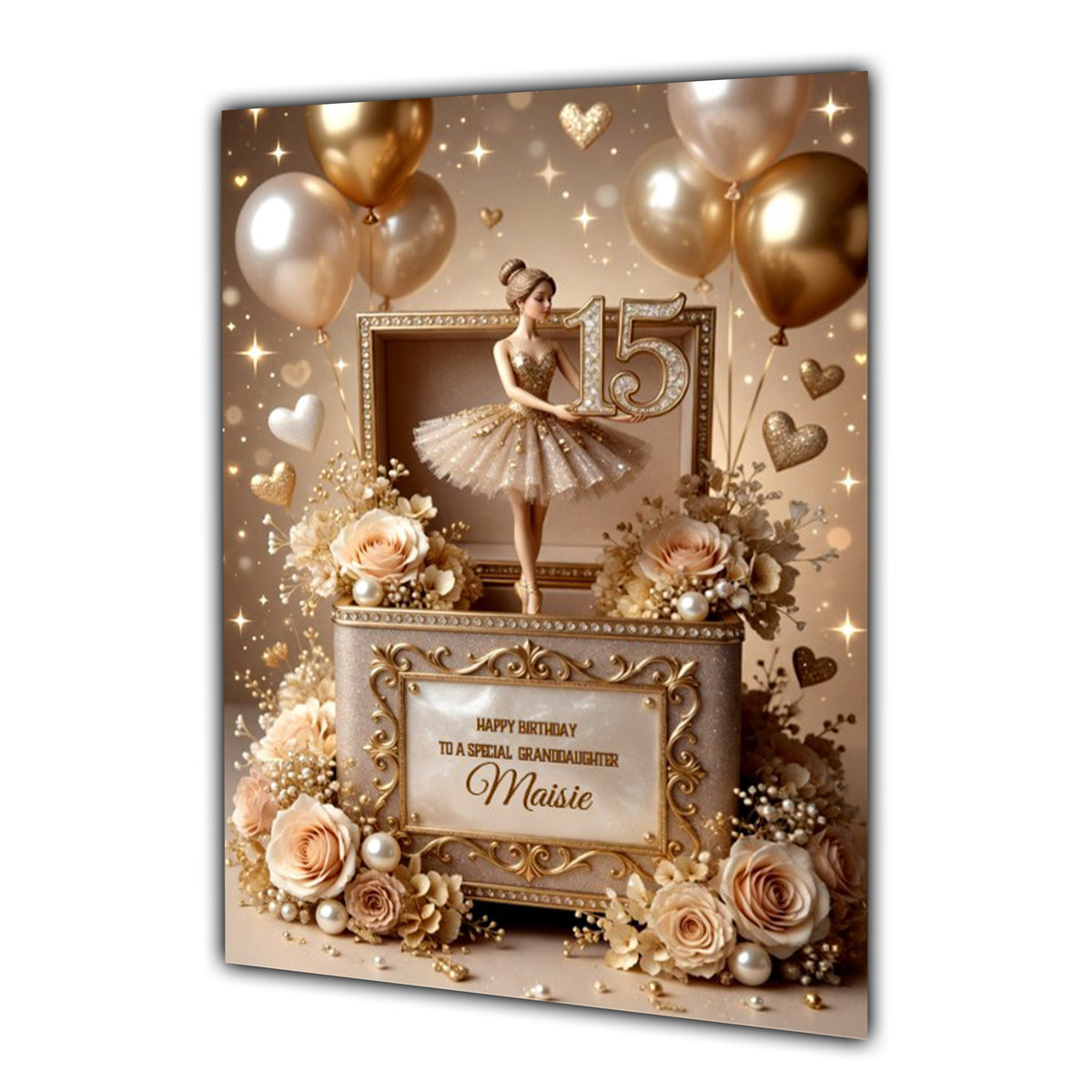 Personalised 15th Birthday Card - Gold Ballerina and Flowers
