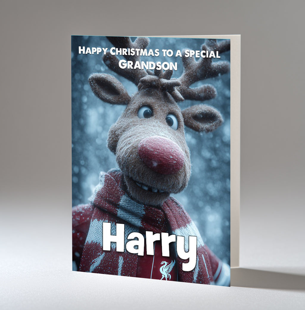 Personalised Christmas Card For Grandson, Son, Nephew, Brother, Friend, Rudolph The Red Nose Reindeer The Football Fan