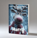 Personalised Christmas Card For Grandson, Son, Nephew, Brother, Friend, Rudolph The Red Nose Reindeer The Football Fan