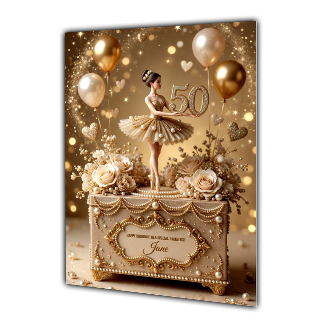 Personalised 50th Birthday Card - Gold Ballerina and Flowers