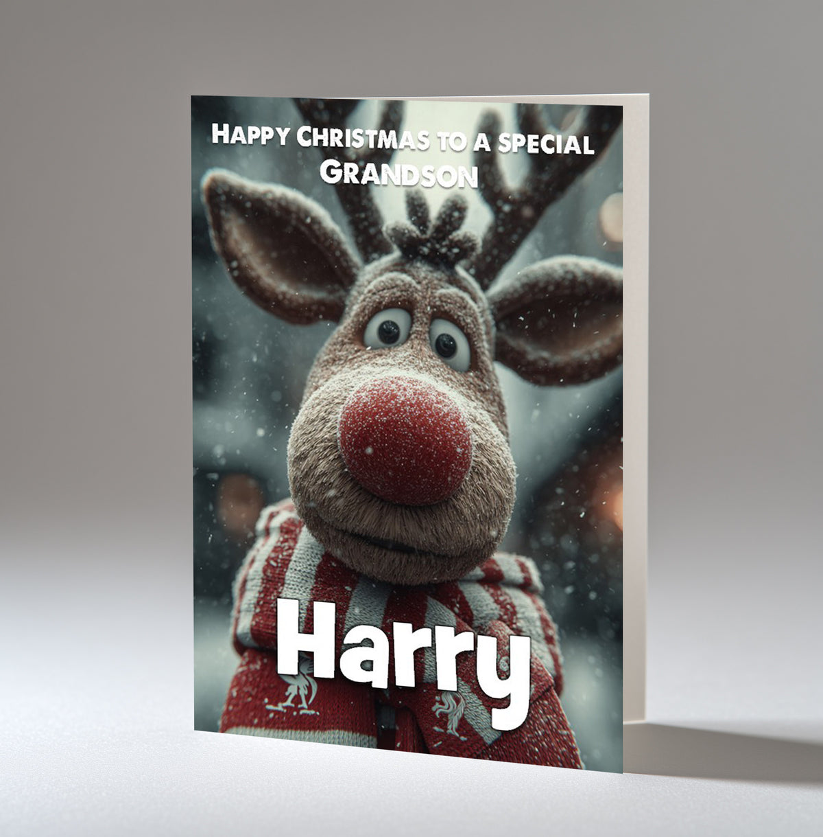 Personalised Christmas Card For Grandson, Son, Nephew, Brother, Friend, Rudolph The Red Nose Reindeer The Football Fan