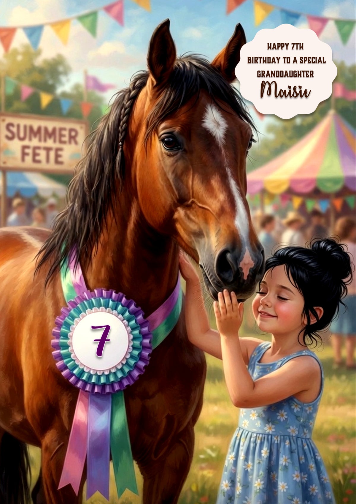 Personalised 7th Birthday Card - Girl with a Horse at a Show - Black Hair