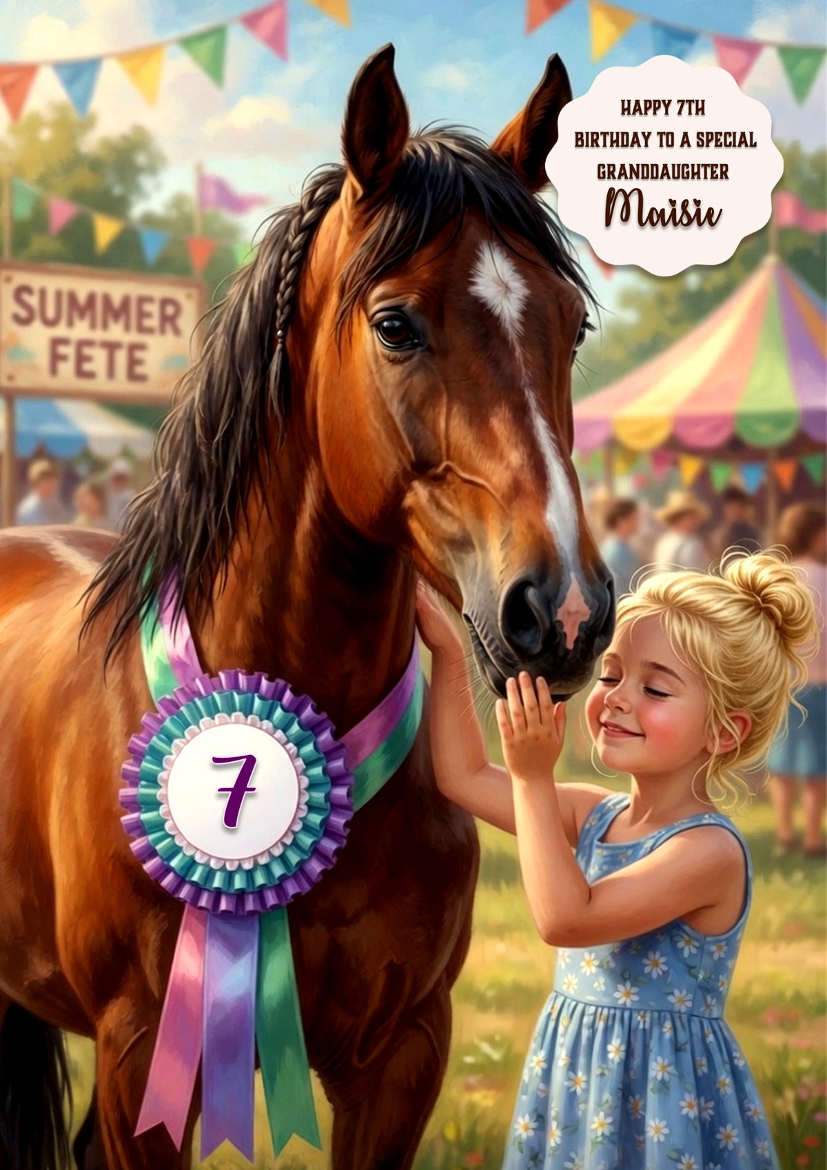 Personalised 7th Birthday Card - Girl with a Horse at a Show - Blonde Hair