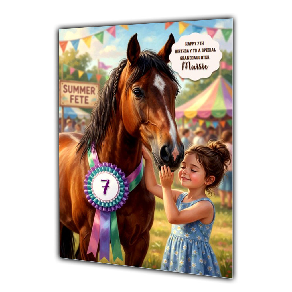 Personalised 7th Birthday Card - Girl with a Horse at a Show - Brown Hair