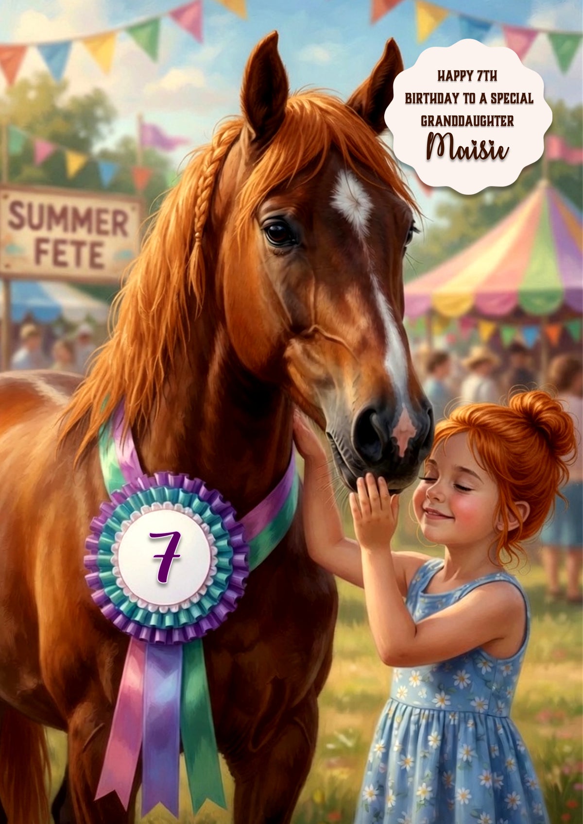 Personalised 7th Birthday Card - Girl with a Horse at a Show - Ginger Hair
