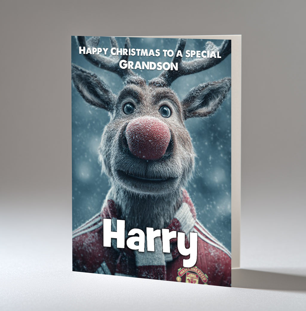 Personalised Christmas Card For Grandson, Son, Nephew, Brother, Friend, Rudolph The Red Nose Reindeer The Football Fan