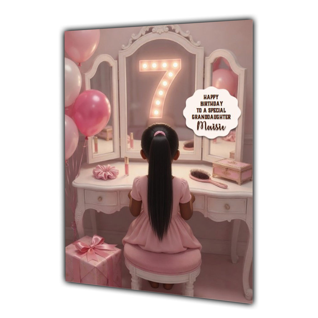 Personalised 7th Birthday Card - Girl at a Dressing Table