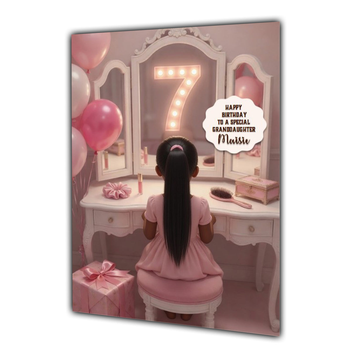 Personalised 7th Birthday Card - Girl at a Dressing Table
