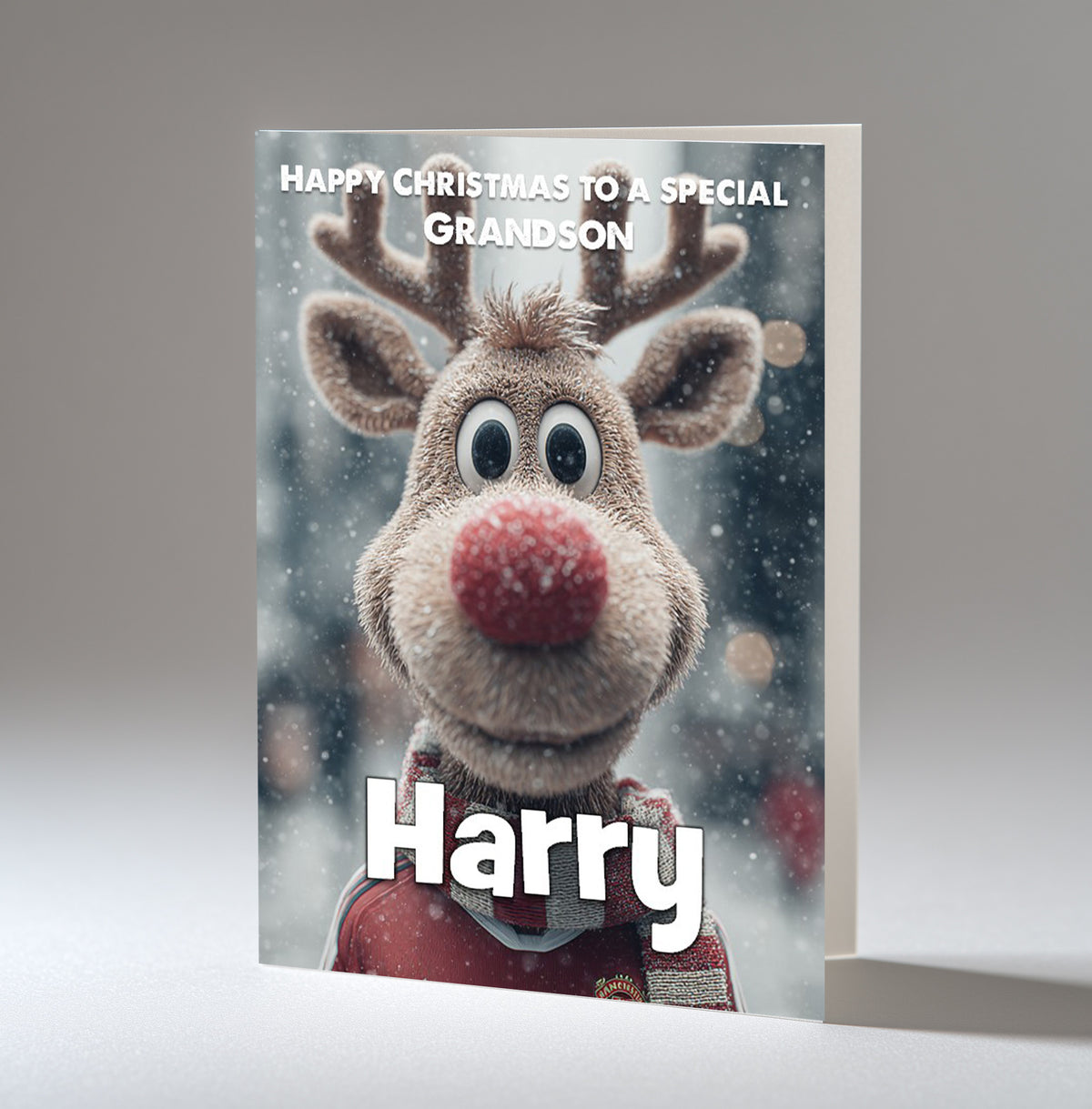 Personalised Christmas Card For Grandson, Son, Nephew, Brother, Friend, Rudolph The Red Nose Reindeer The Football Fan