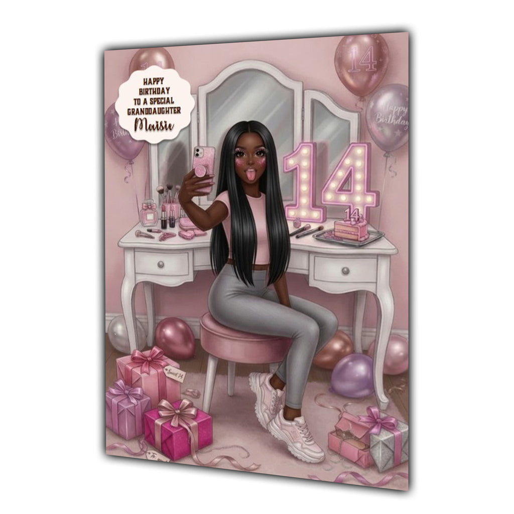 14th Birthday Card Granddaughter Daughter Black Girl Personalised A5 Size