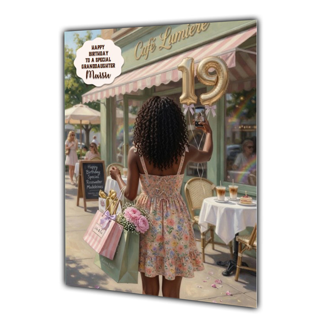 Personalised 19th Birthday Card - Girl Shopping Outside a Cafe