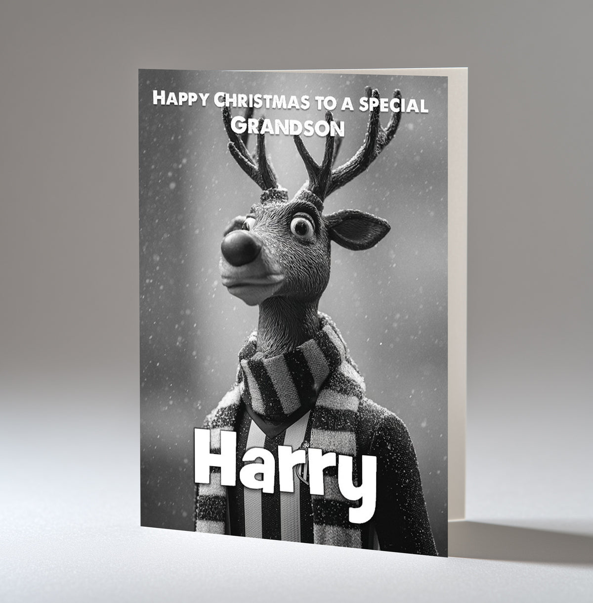 Personalised Christmas Card For Grandson, Son, Nephew, Brother, Friend, Rudolph The Red Nose Reindeer The Football Fan