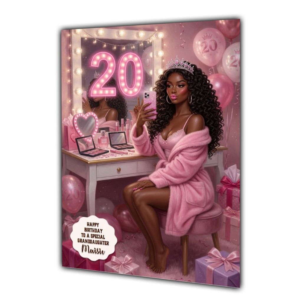 Personalised 20th Birthday Card - Girl at a Dressing Table