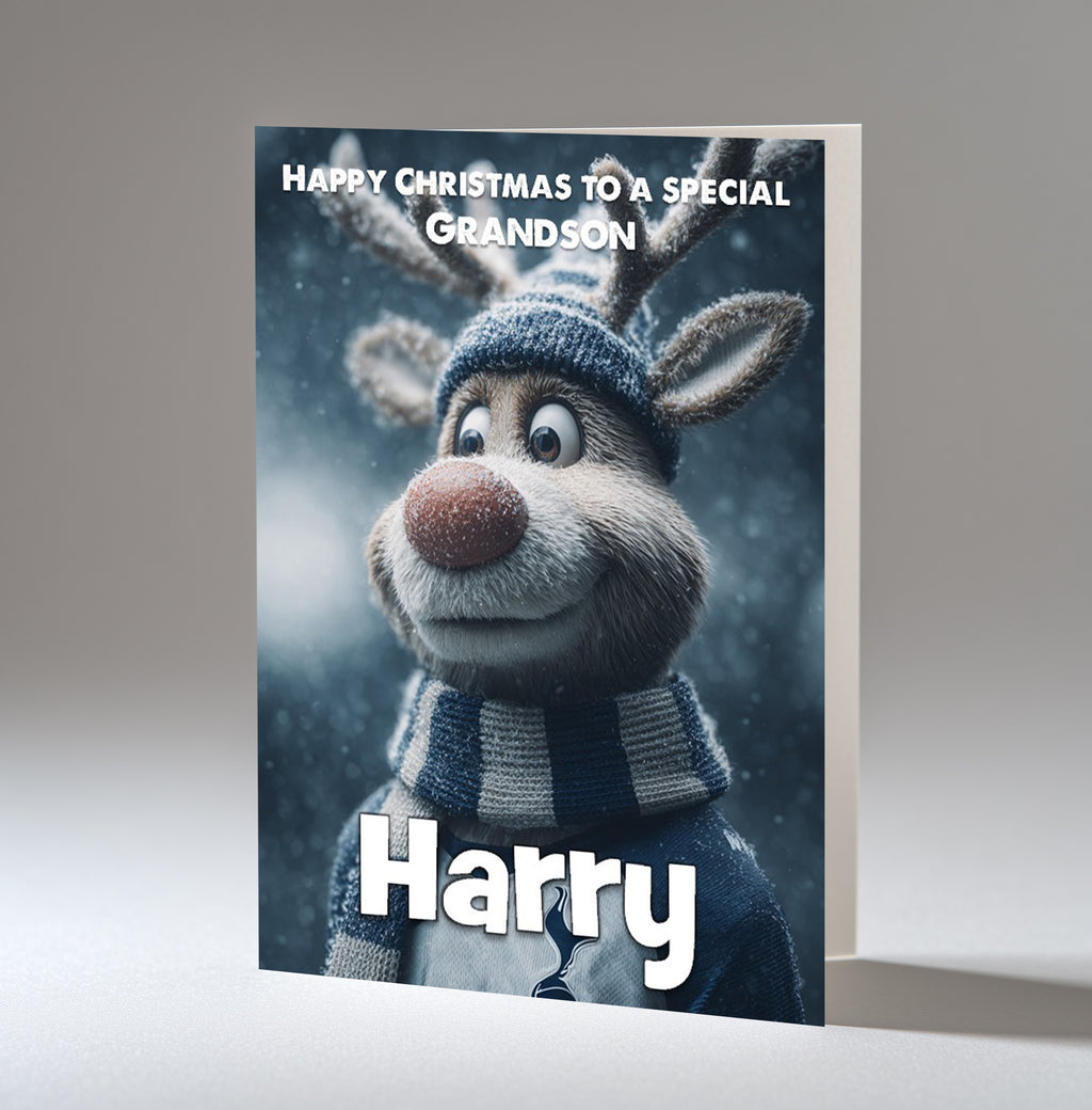 Personalised Christmas Card For Grandson, Son, Nephew, Brother, Friend, Rudolph The Red Nose Reindeer The Football Fan