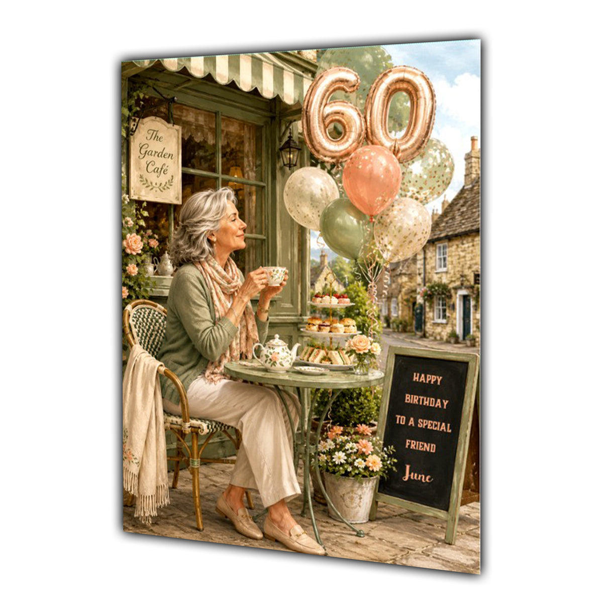 Personalised 60th Birthday Card - Woman Enjoying Afternoon Tea at a Cafe