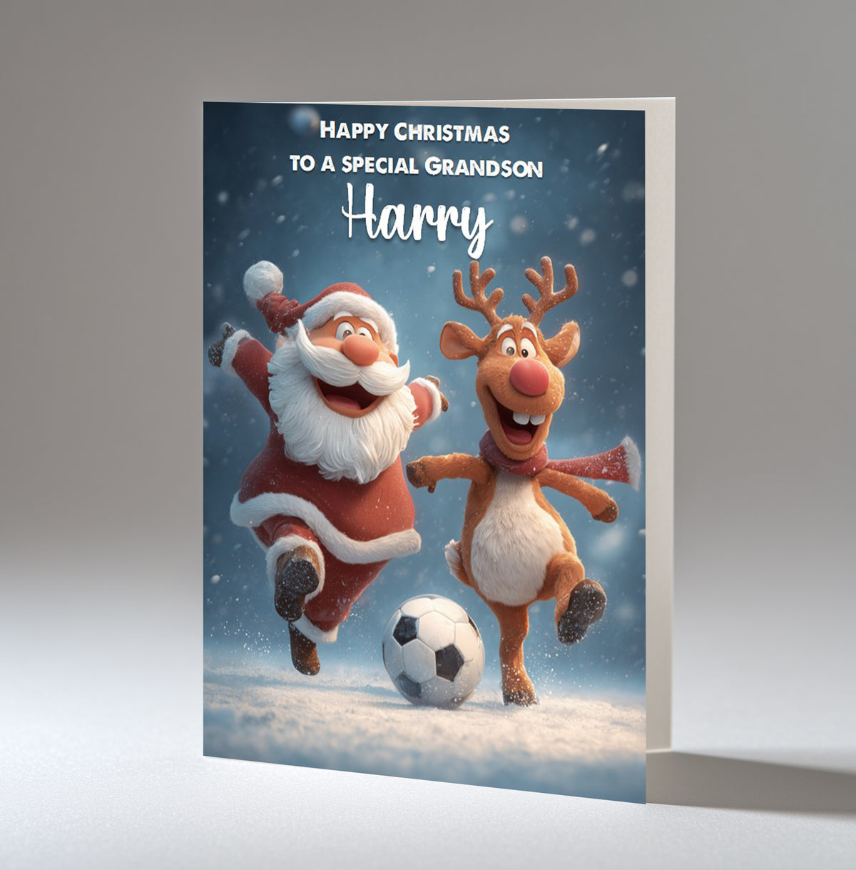 Personalised Christmas Card For Grandson, Son, Nephew, Brother, Friend, Santa and Rudolph Playing Football