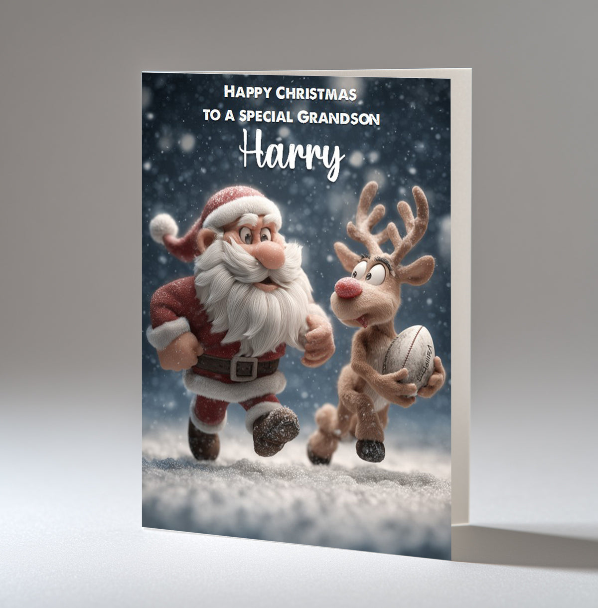 Personalised Christmas Card For Grandson, Son, Nephew, Brother, Friend, Santa and Rudolph Playing Rugby