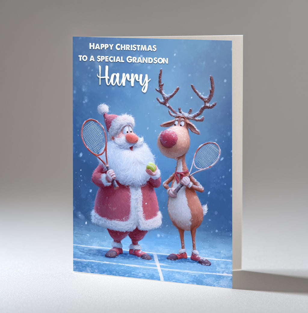 Personalised Christmas Card For Grandson, Son, Nephew, Brother, Friend, Santa and Rudolph Playing Tennis