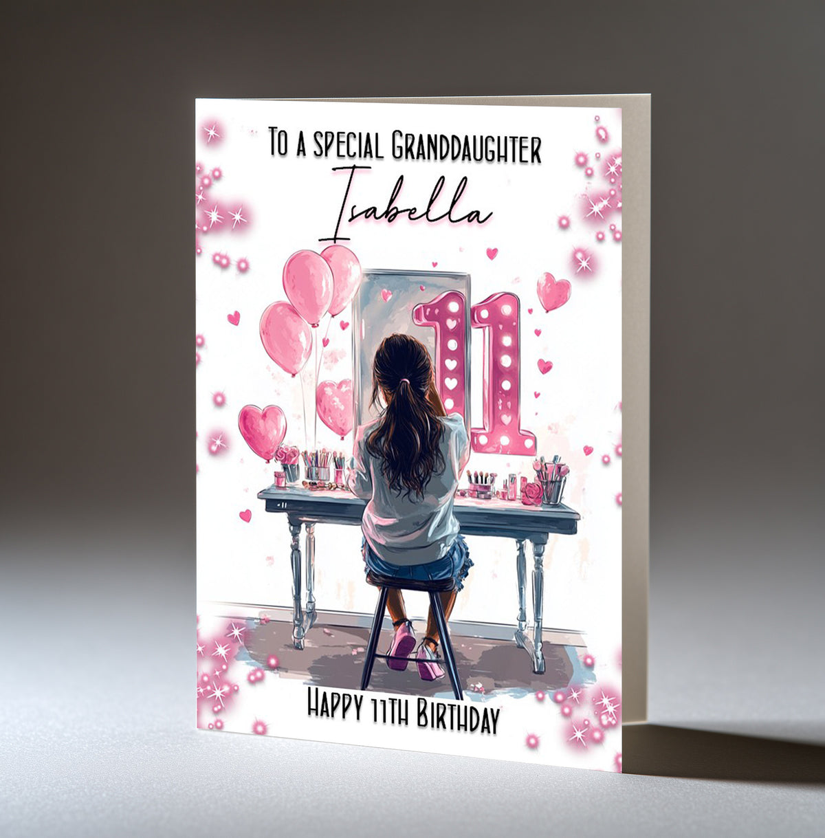 Personalised 11th Birthday Card for Girls - Dressing Table, Design 11