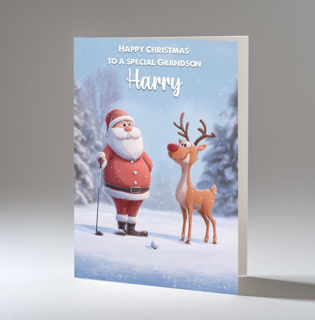 Personalised Christmas Card For Grandson, Son, Nephew, Brother, Friend, Santa and Rudolph Playing Golf