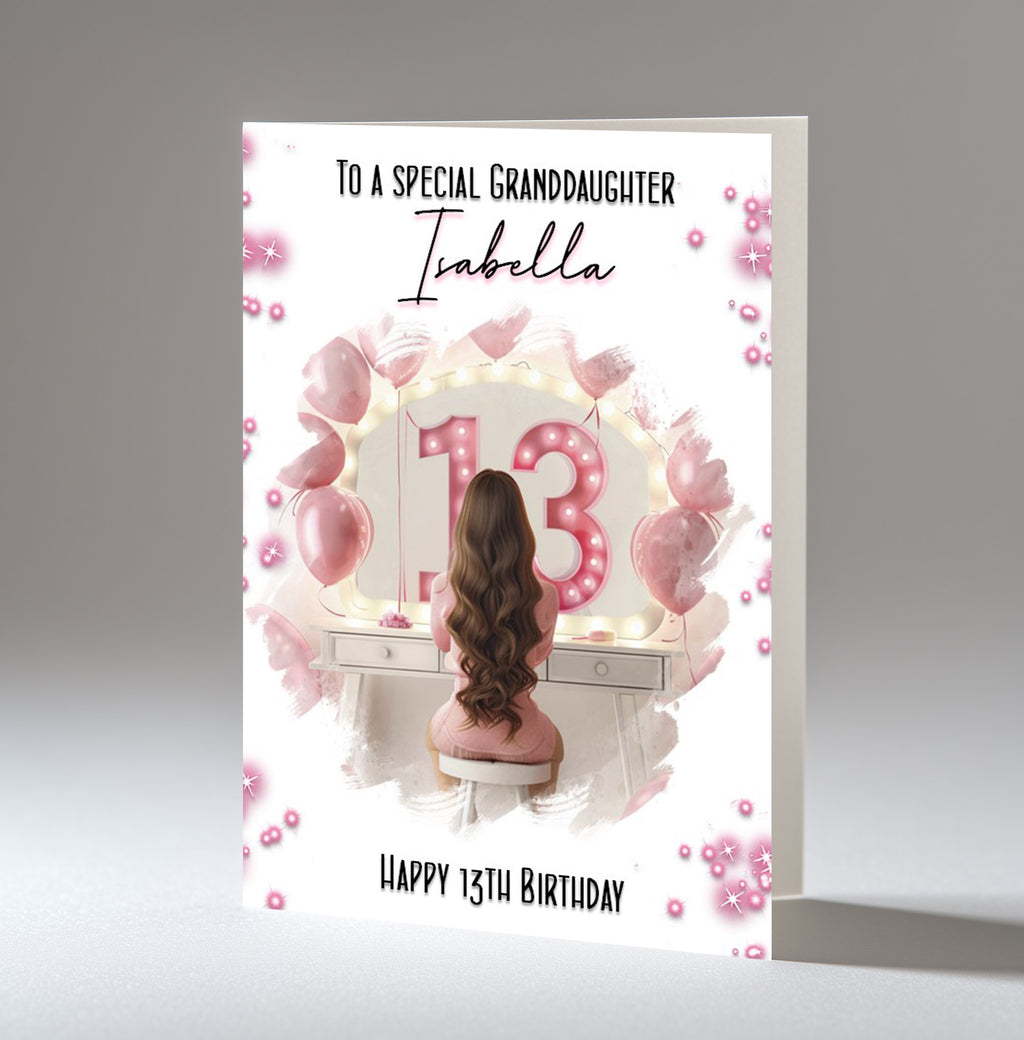 Personalised 13th Birthday Card - Girl at a Dressing Table with Number Lights