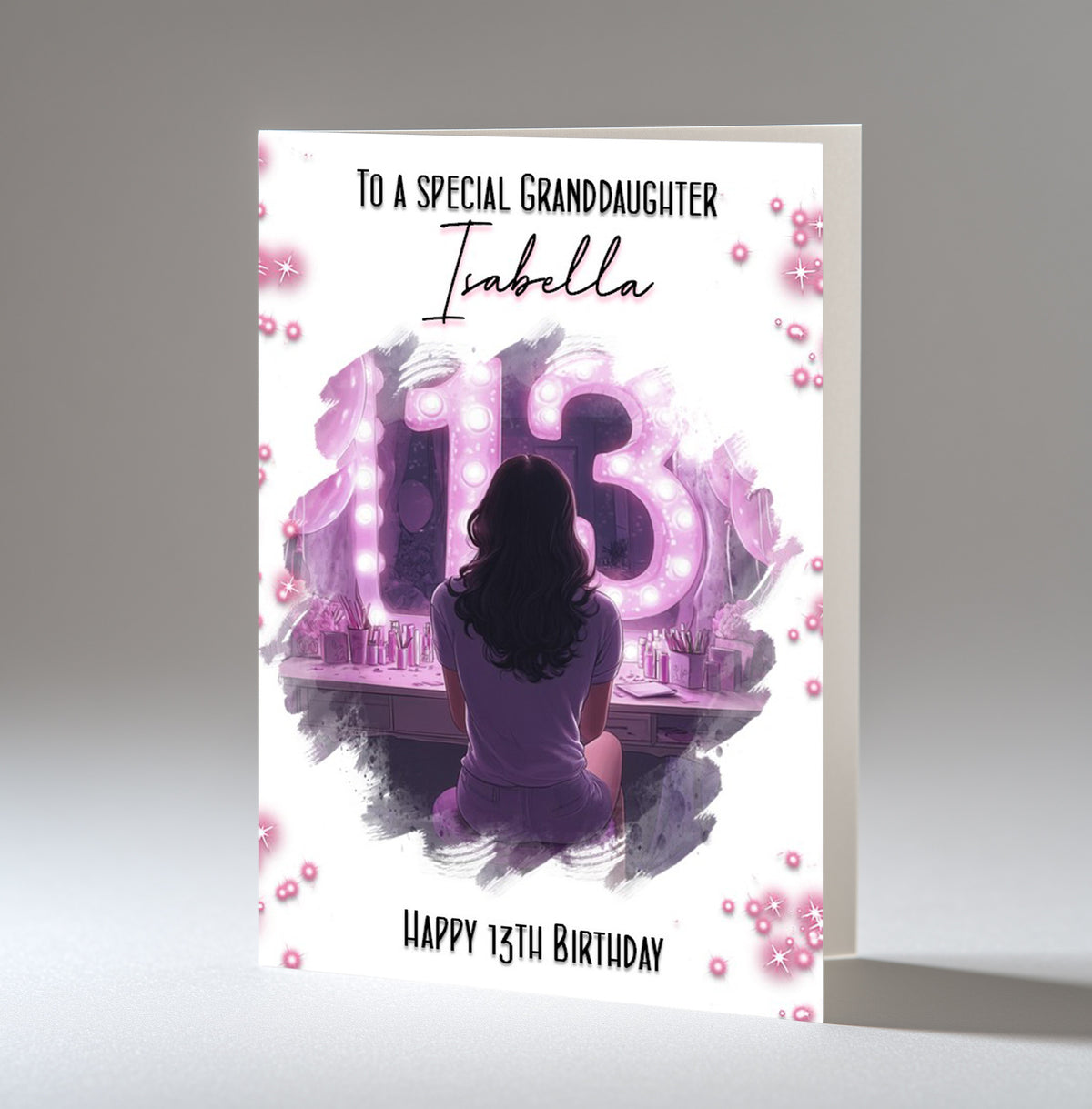 Personalised 13th Birthday Card - Girl at a Dressing Table with Number Lights