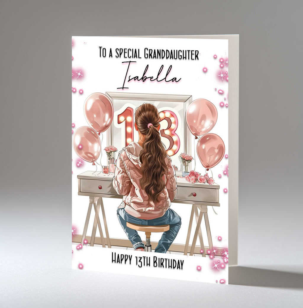 13th Birthday Card For Girls Daughter, Granddaughter, Sister, Niece Any, Name & Relative, Brown Hair