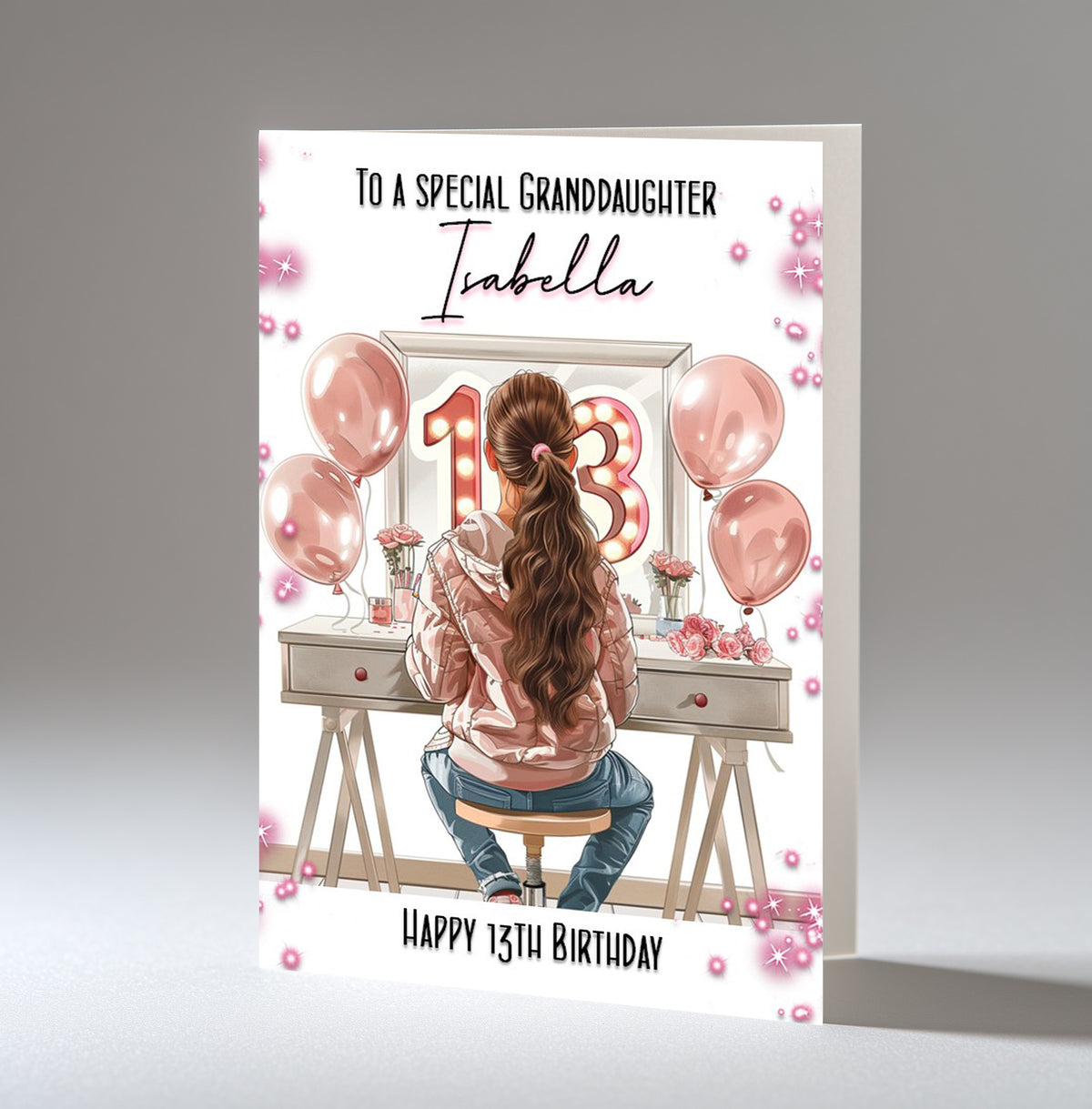13th Birthday Card For Girls Daughter, Granddaughter, Sister, Niece Any, Name & Relative, Brown Hair