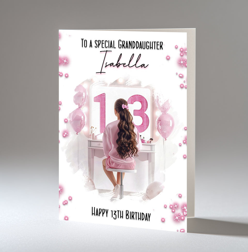 13th Birthday Card For Girls Daughter, Granddaughter, Sister, Niece Any, Name & Relative, Brown Hair
