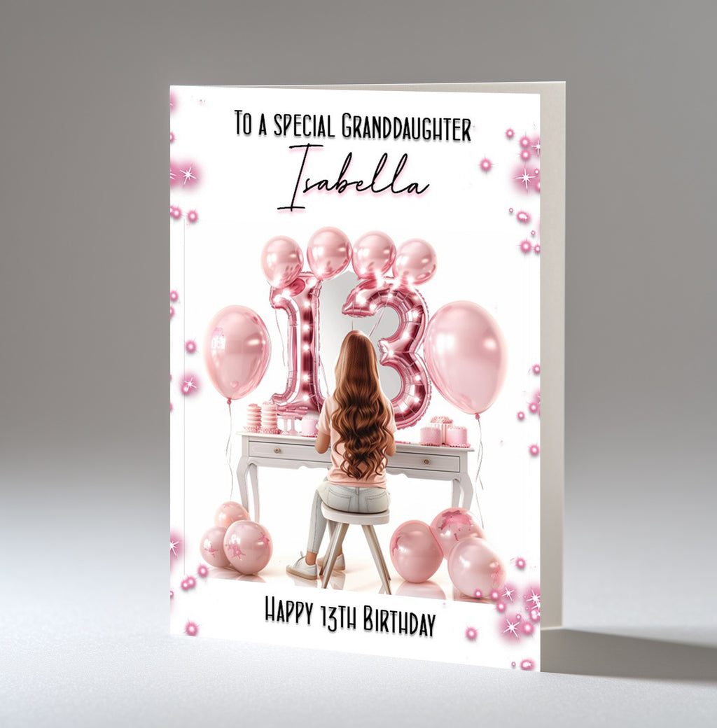 Personalised 13th Birthday Card - Girl at a Dressing Table with Number Lights