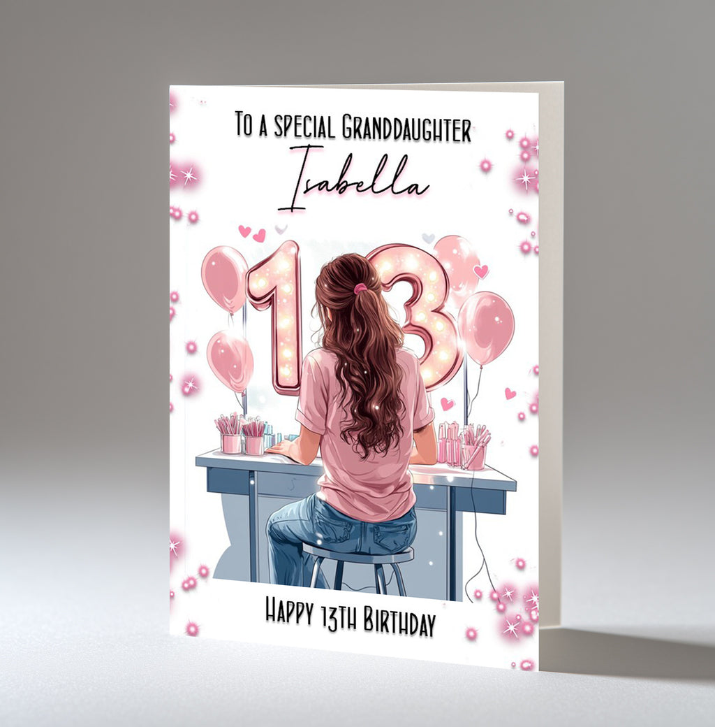 Personalised 13th Birthday Card - Girl at a Dressing Table with Number Lights