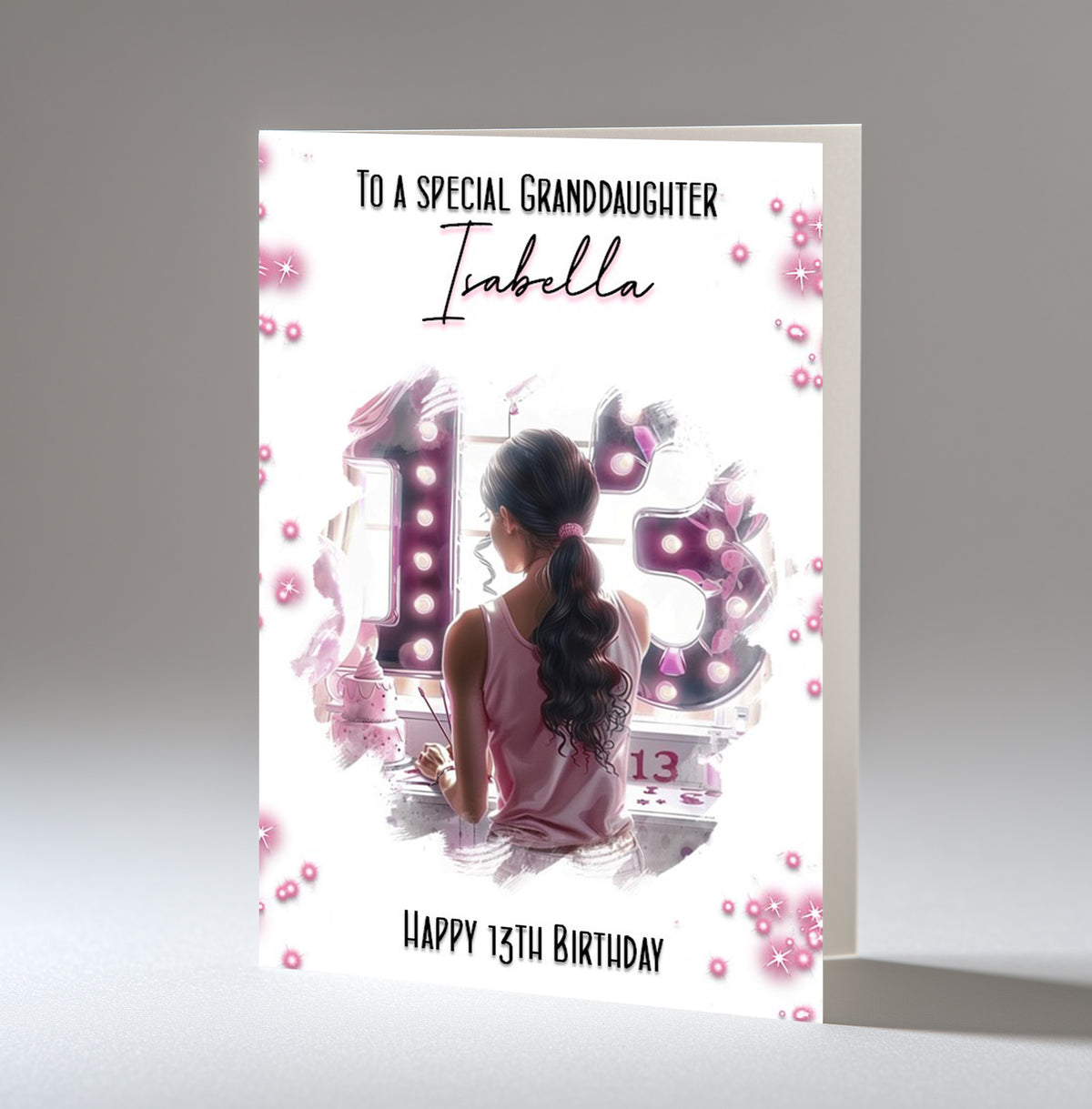 Personalised 13th Birthday Card - Girl at a Dressing Table with Number Lights